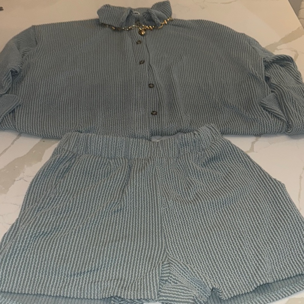 Blue Textured Button-Up Shirt and Shorts Set